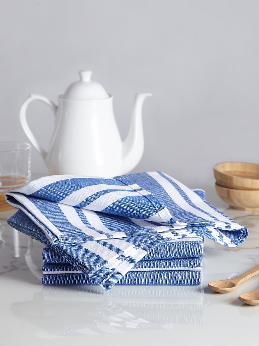 

Encasa Homes Set Of 4 Blue & White Striped Cotton Kitchen Towels