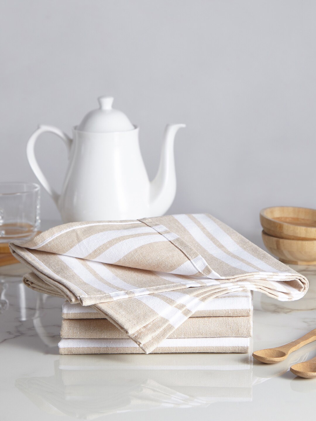 

Encasa Homes Set Of 4 White And Beige Stripes Kitchen Towels
