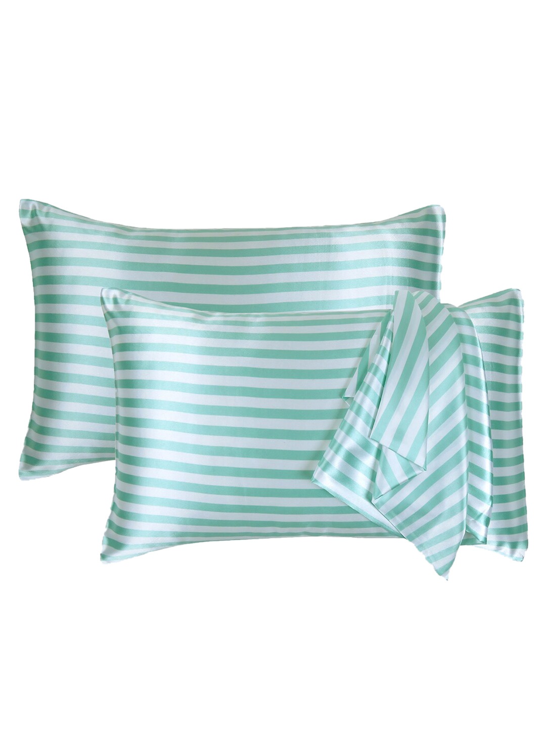 

OUSSUM Pack Of 2 Green & Silver Striped Satin Pillow Covers
