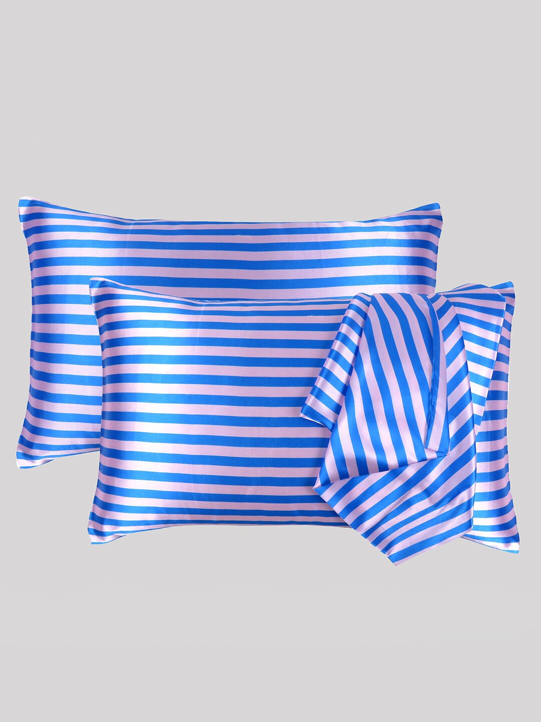 

OUSSUM Pack Of 2 Blue Striped Satin Pillow Covers