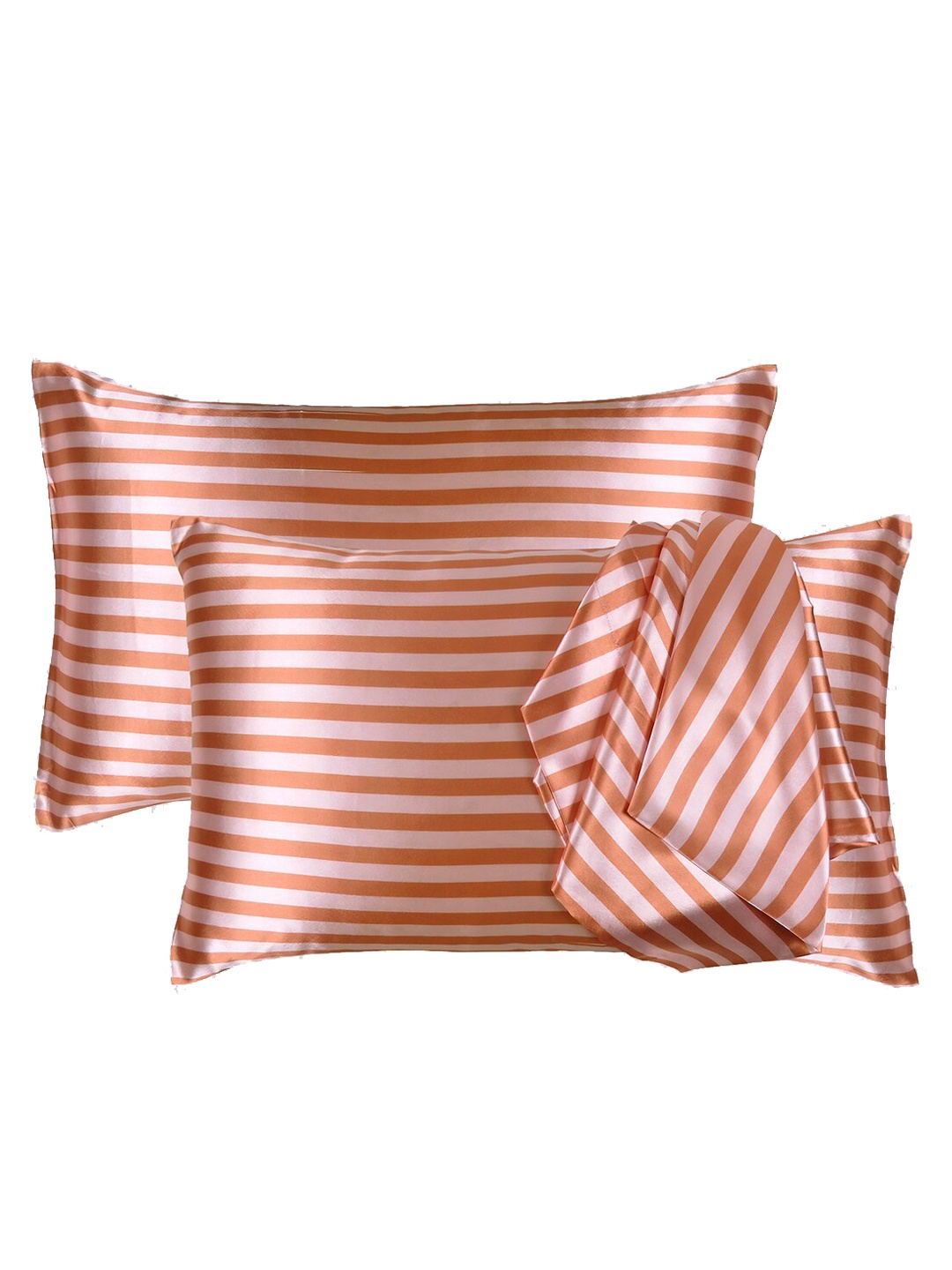 

OUSSUM Pack Of 2 Orange-Colored & White Striped Satin Pillow Covers