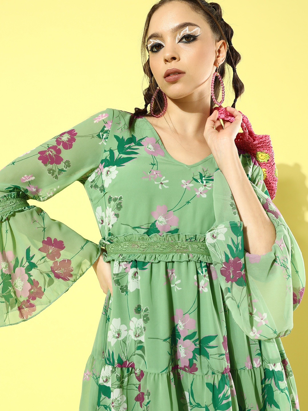 

DressBerry Women Green Floral Print Above Knee Fit & Flare Georgette Dress