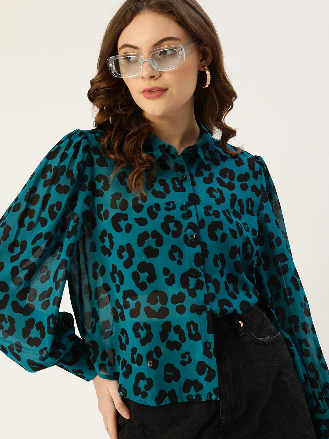 

DressBerry Teal Blue & Black Animal Print Shirt Style Top