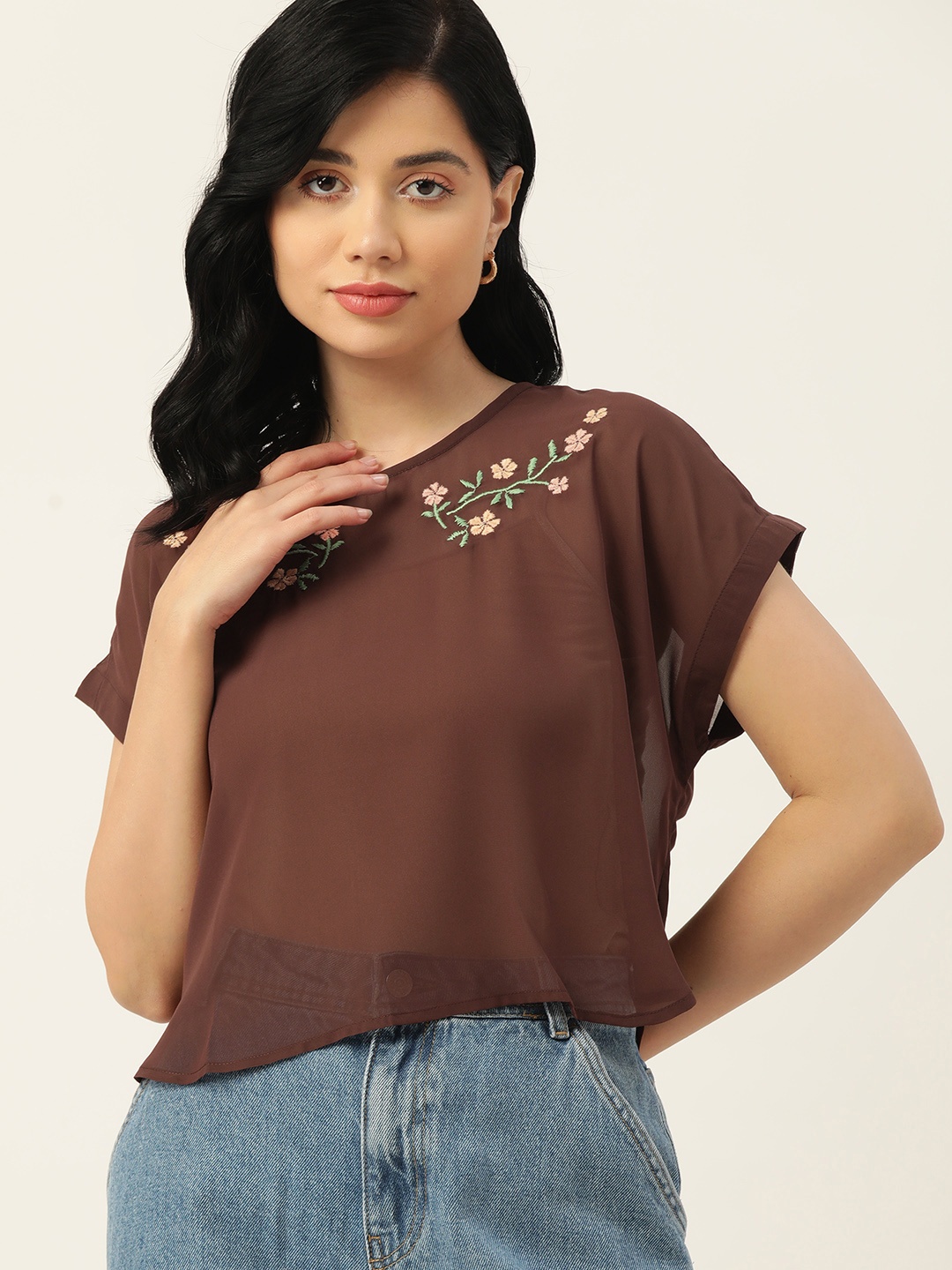 

DressBerry Brown Embroidered Sheer Extended Sleeves Top