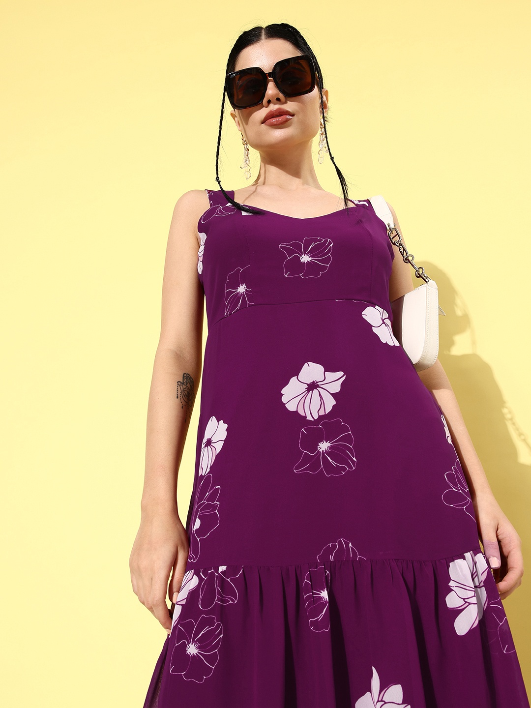 

4WRD by Dressberry Royal Purple Floral Empire Style Retro Optimism Resort Wear Tiered Midi Dress