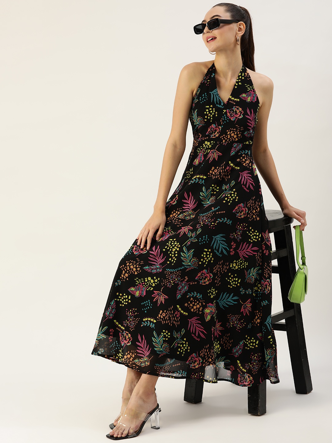 

4WRD by Dressberry Black & Pink Floral Printed Halter Neck A-Line Midi Dress
