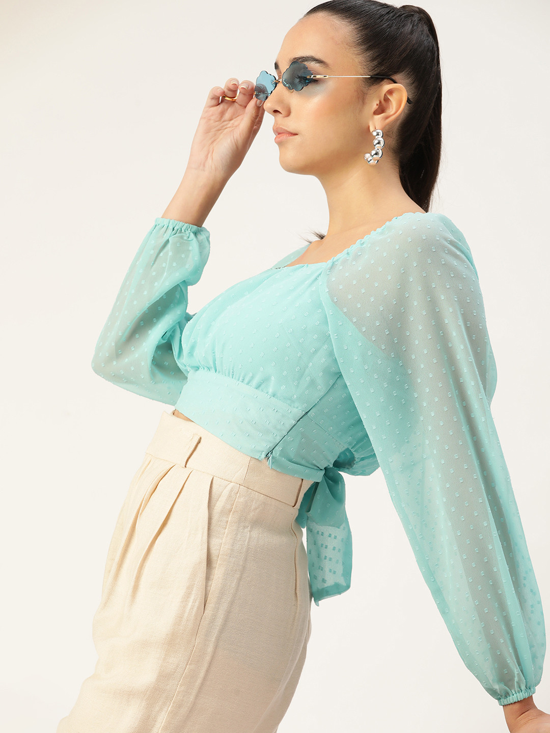 

4WRD by Dressberry Blue Dobby Weave Styled Back Crop Top