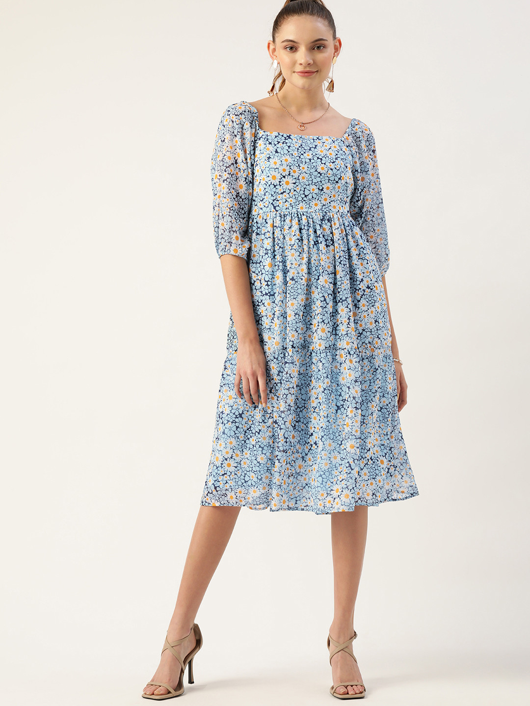 

DressBerry Blue & White Floral Printed A-Line Midi Dress