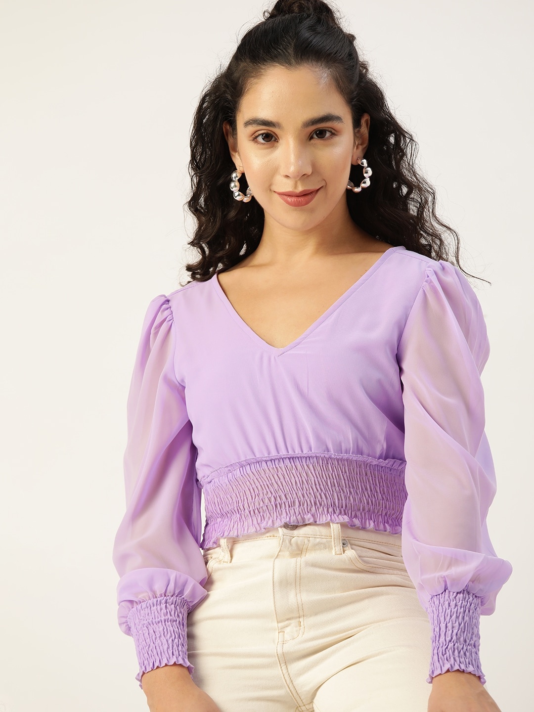 

DressBerry Lavender Smocked Cinched Waist Crop Top