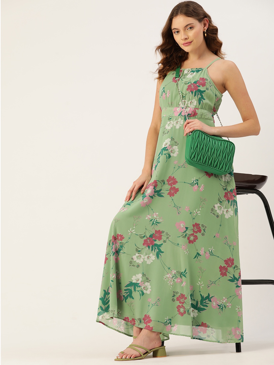 

4WRD by Dressberry Green & Pink Floral Printed Maxi Maxi Dress