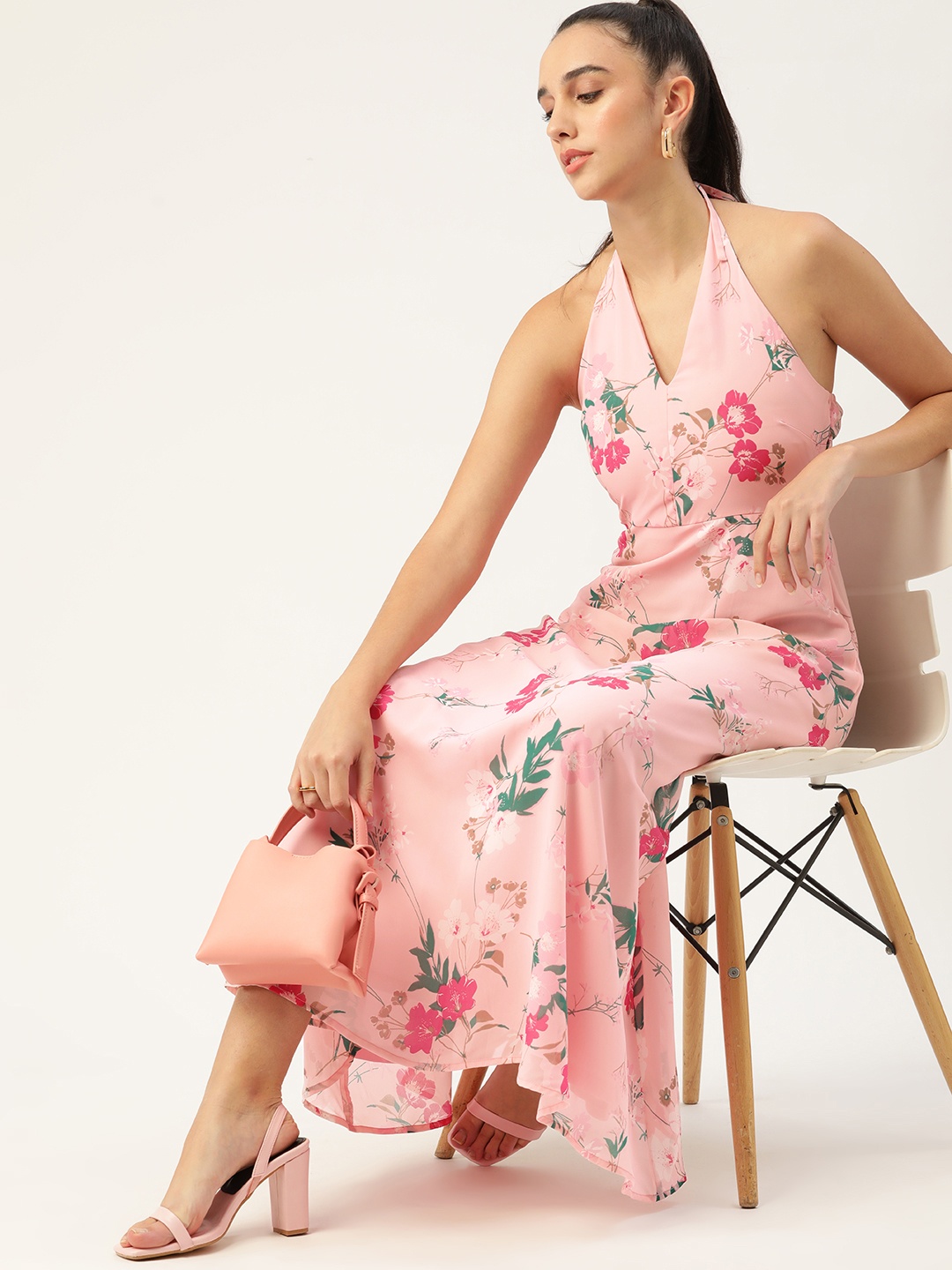 

4WRD by Dressberry Pink Floral Print Halter Neck Maxi Dress