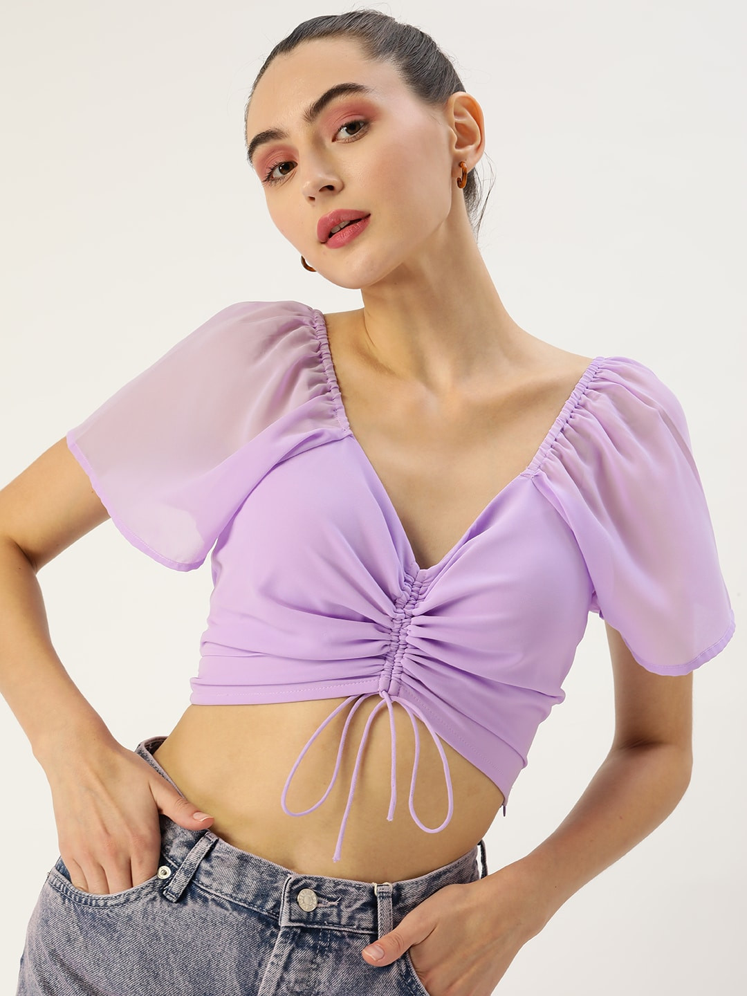

DressBerry Lavender Solid Ruched V-Neck Top