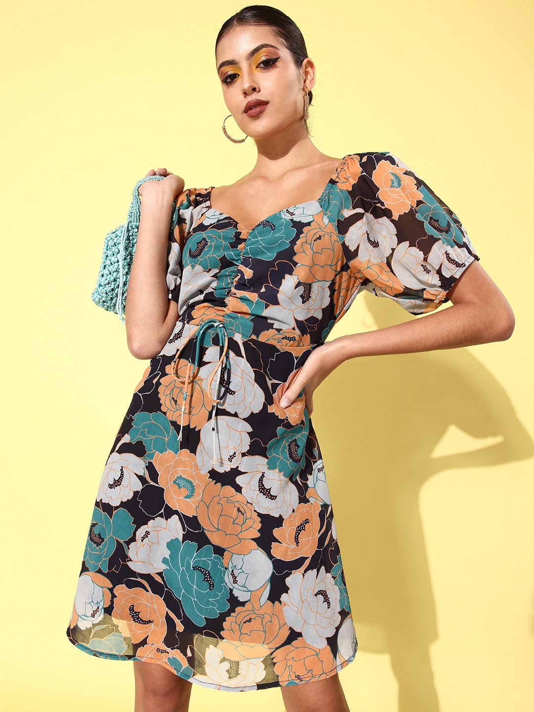 

DressBerry Black & Green Floral Fit & Flare Dress
