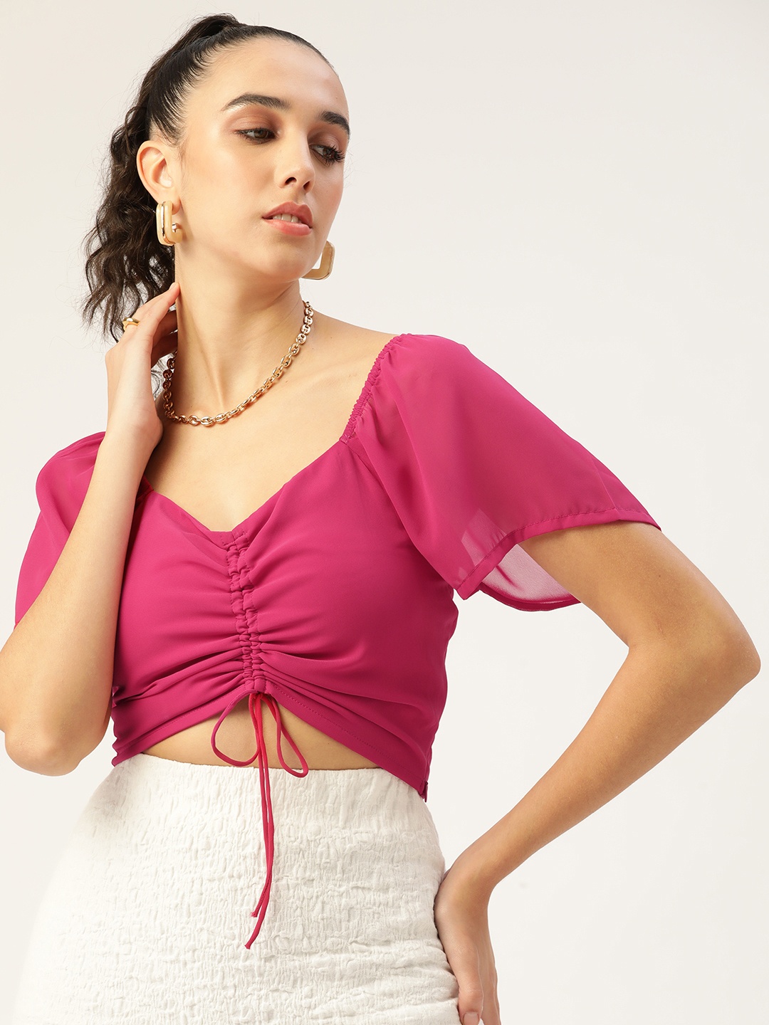 

4WRD by Dressberry Pink Solid Sweetheart Neck Ruched Crop Top