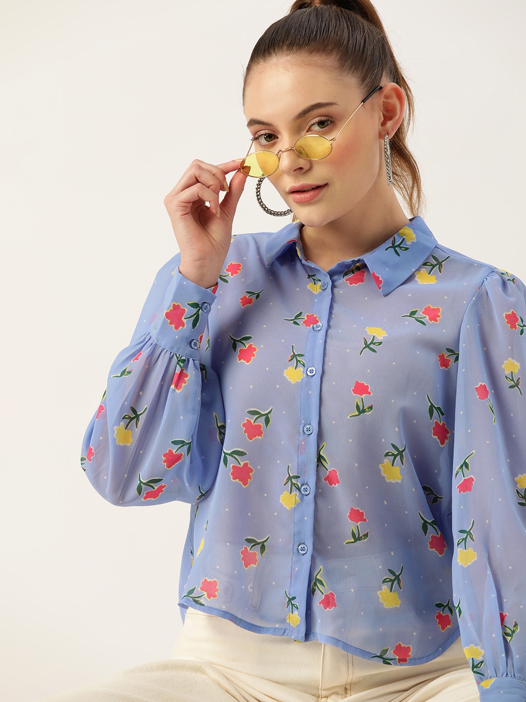 

4WRD by Dressberry Blue & Pink Floral Print Shirt Style Top