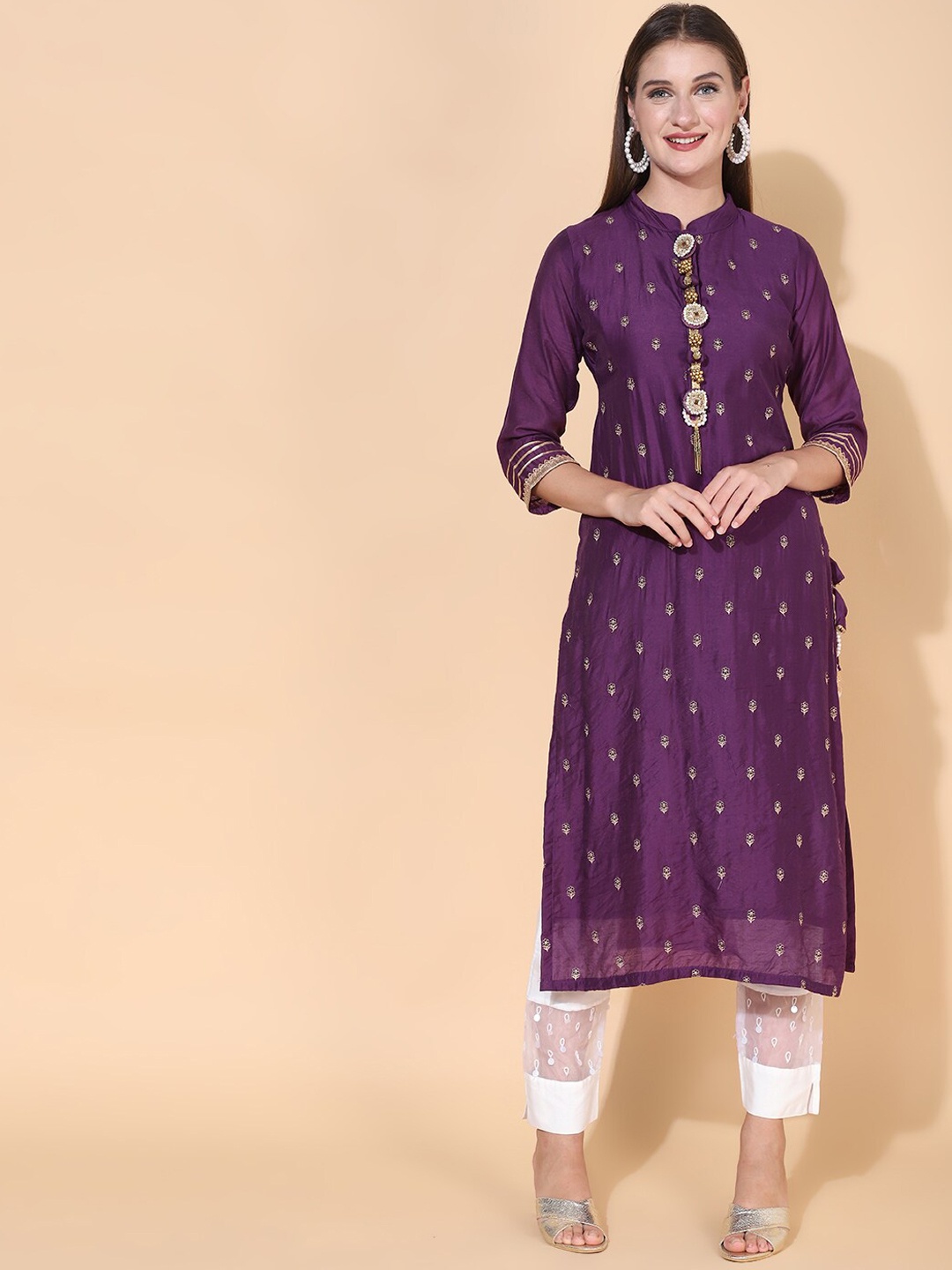 

FASHOR Women Purple Floral Embellished Gotta Patti Kurta