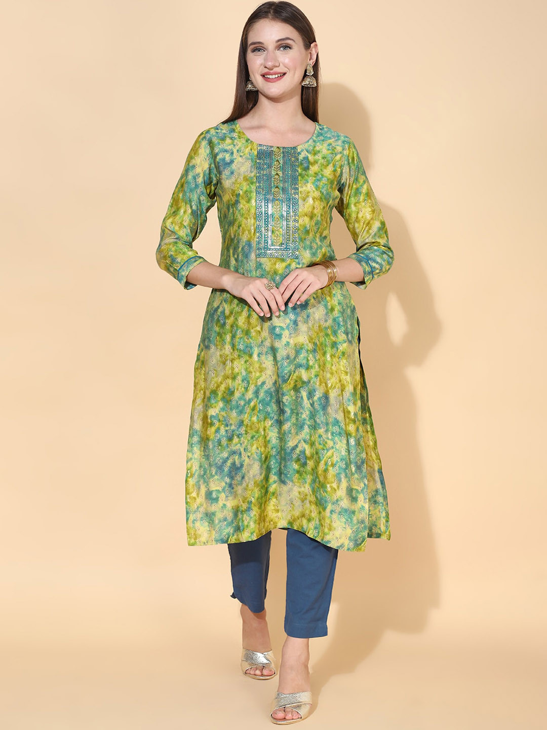 

FASHOR Women Green Printed & Embroidered Straight Fit Kurta