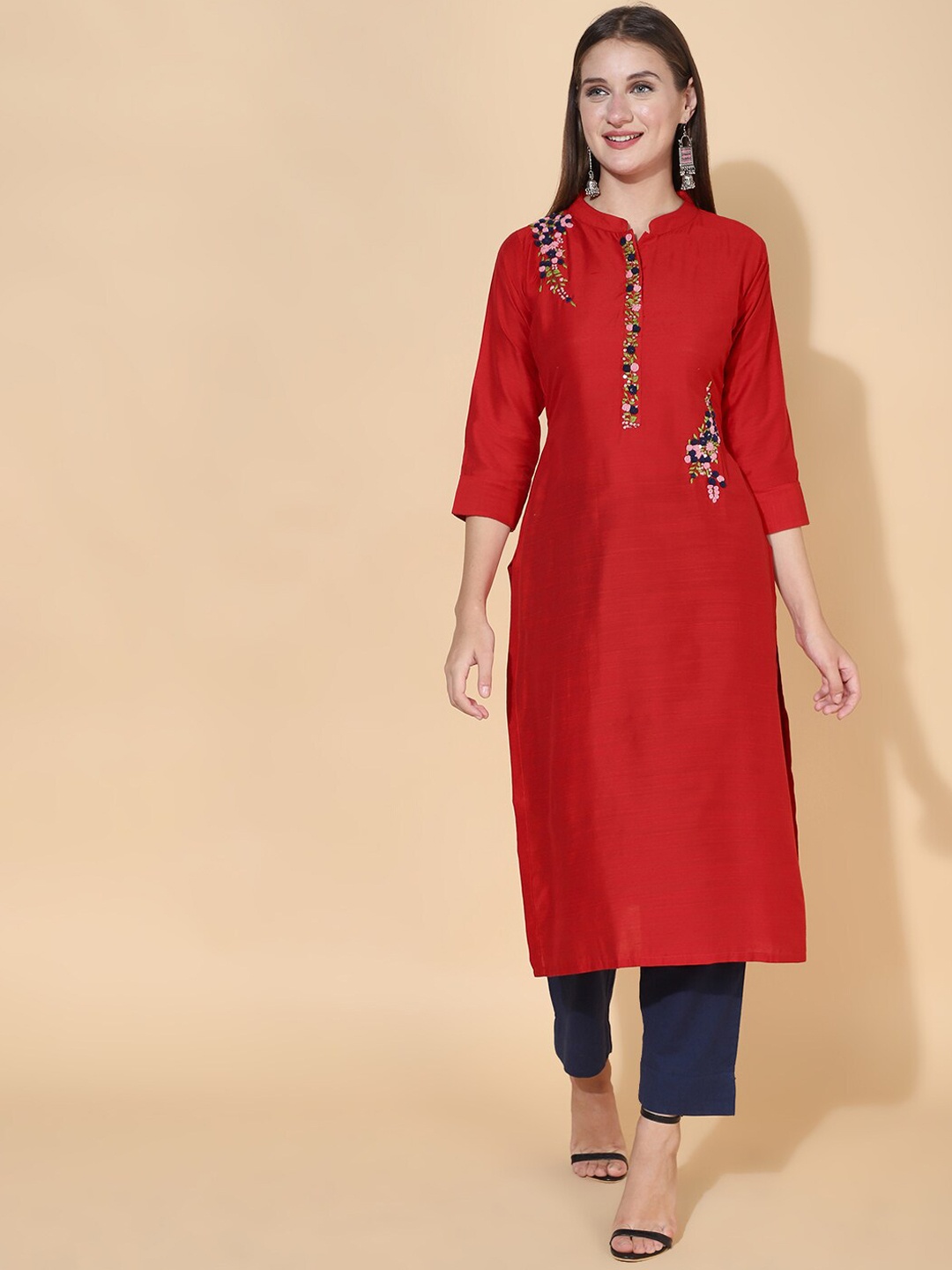 

FASHOR Women Red Floral Hand Embroidered Straight Fit Kurta