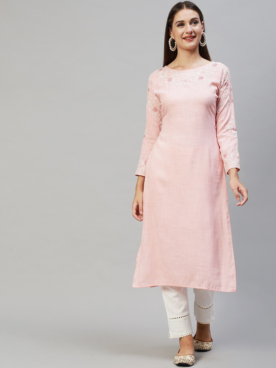 

FASHOR Women Pink Floral Hand Embroidered Kurta