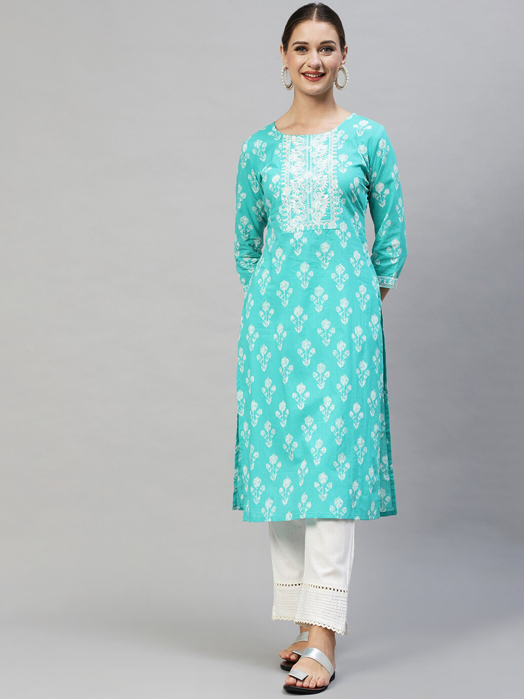 

FASHOR Women Turquoise Blue & White Printed Straight Kurta