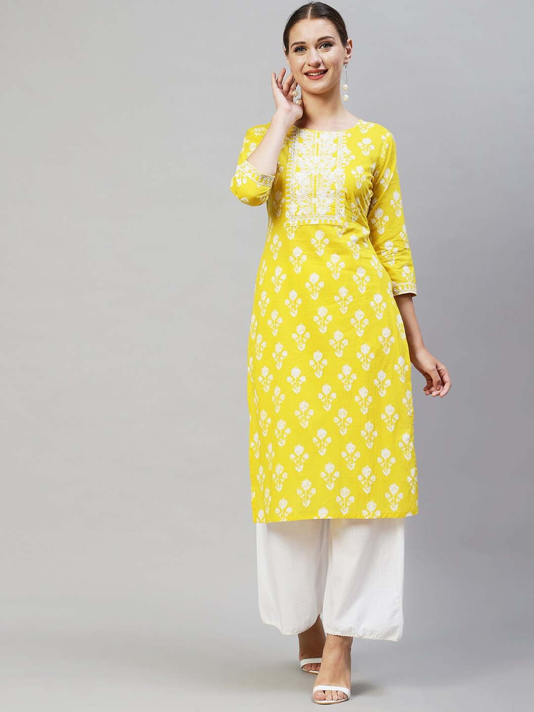 

FASHOR Women Yellow Floral Printed Thread Work Kurta