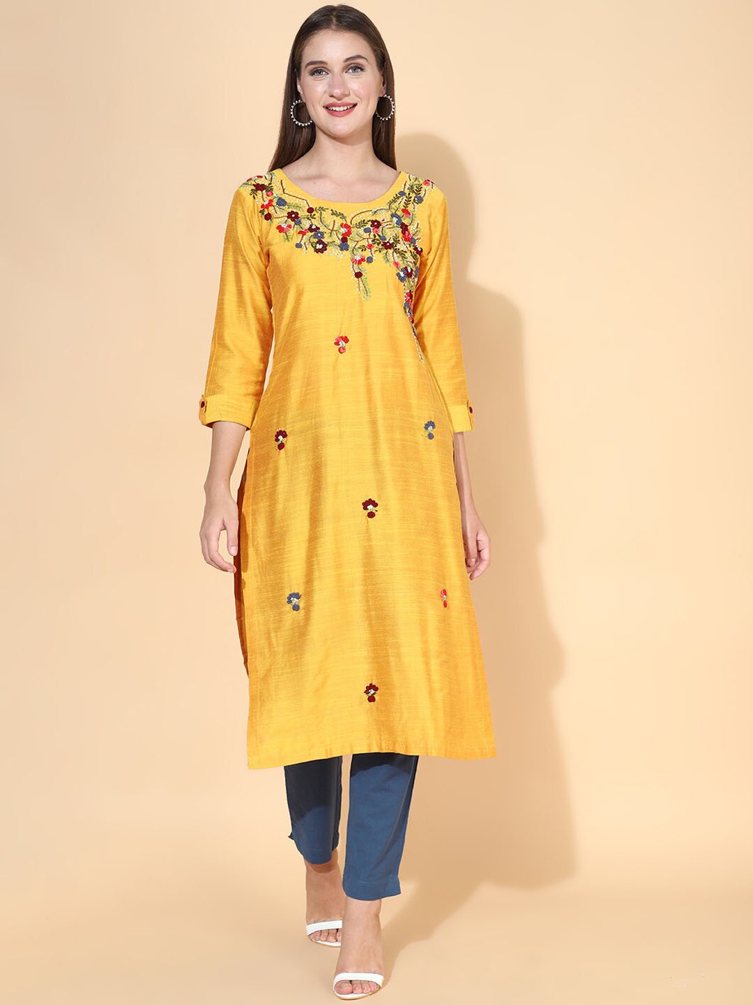 

FASHOR Women Yellow Floral Embroidered Thread Work Kurta