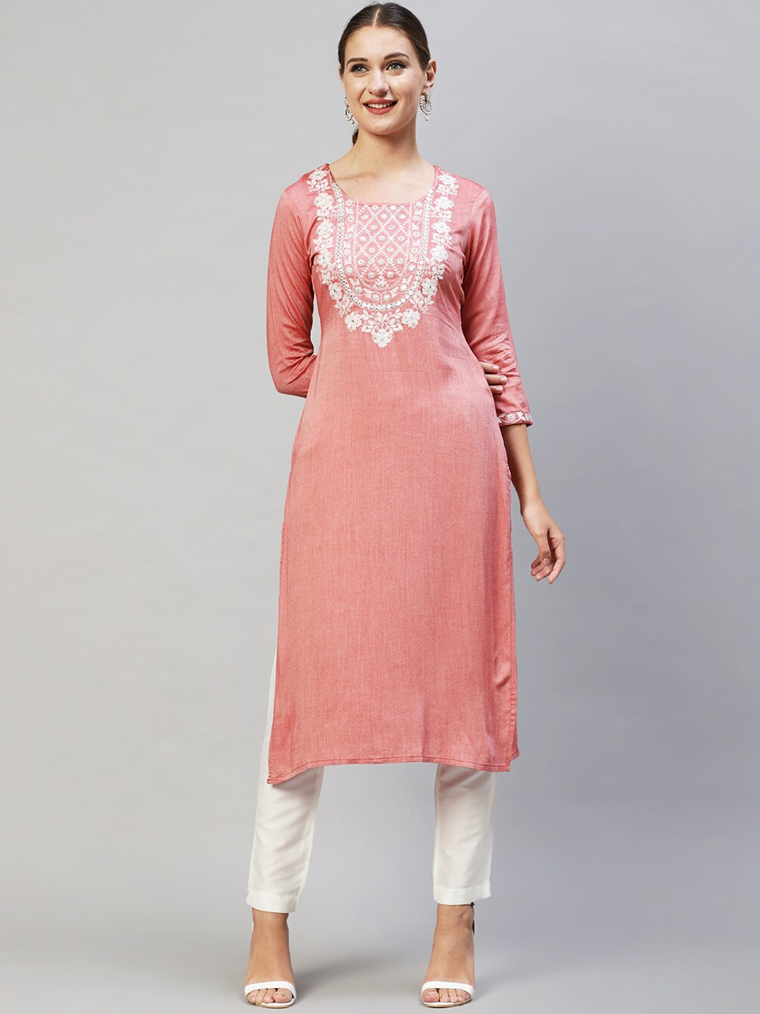 

FASHOR Women Red Floral Yoke Design Chikankari Kurta