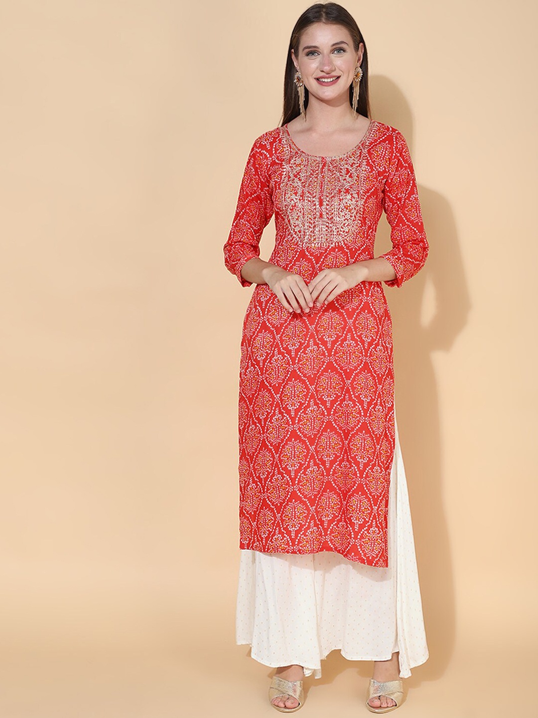 

FASHOR Women Red Ethnic Motifs Printed Flared Sleeves Kurta