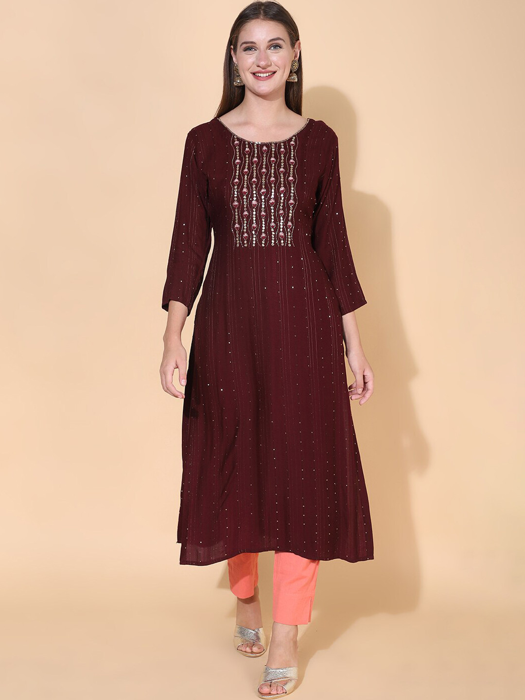 

FASHOR Women Burgundy Geometric Thread Work Kurta