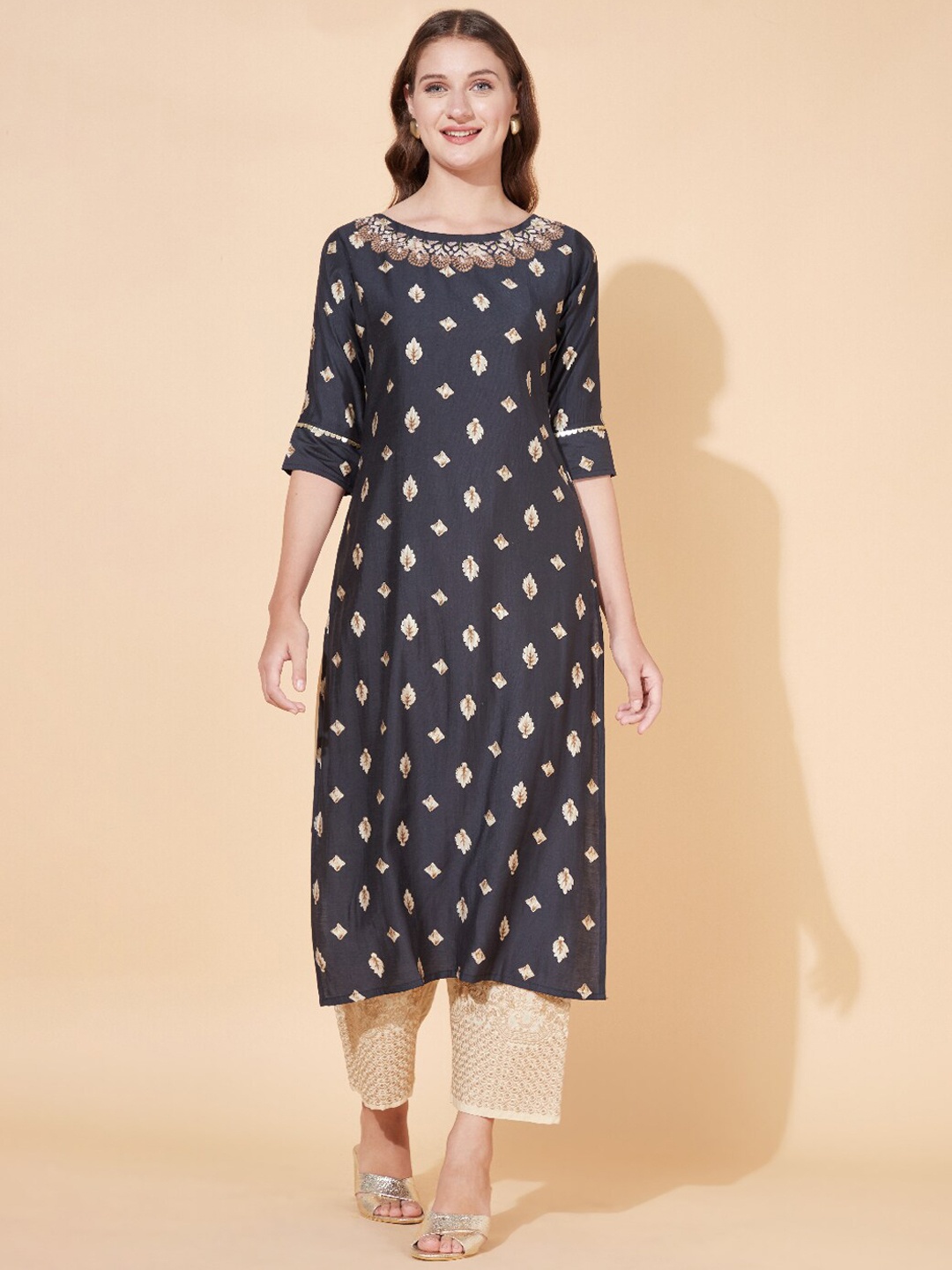 

FASHOR Women Blue Geometric Printed Straight Fit Kurta