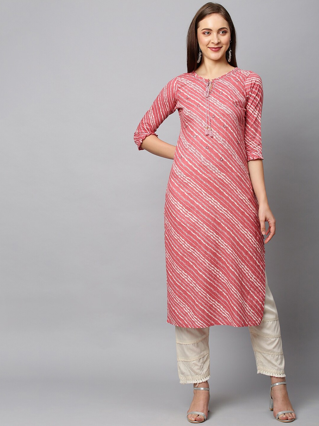 

FASHOR Women Pink Leheriya Striped Keyhole Neck Gotta Patti Kurta