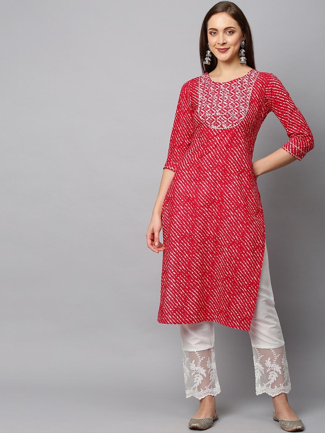 

FASHOR Women Red Leheriya Printed Thread Work Kurta