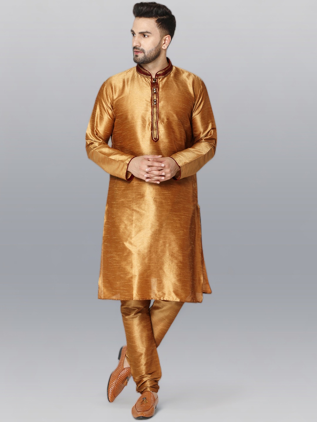 

Enciger Men Brown Thread Work Dupion Silk Kurta with Churidar