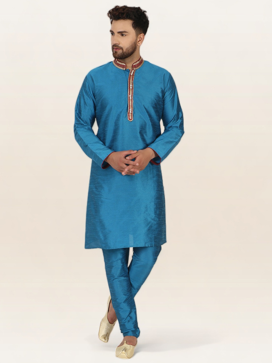 

Enciger Men Turquoise Blue Dupion Silk Kurta with Pyjamas