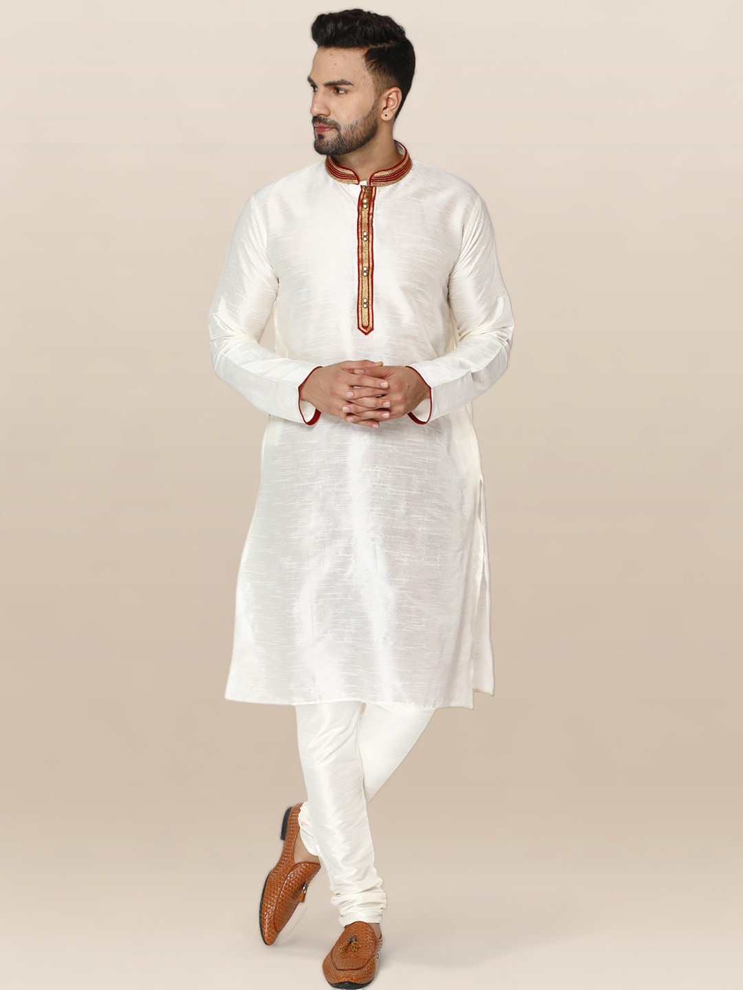 

Enciger Men Off White Dupion Silk Kurta with Churidar