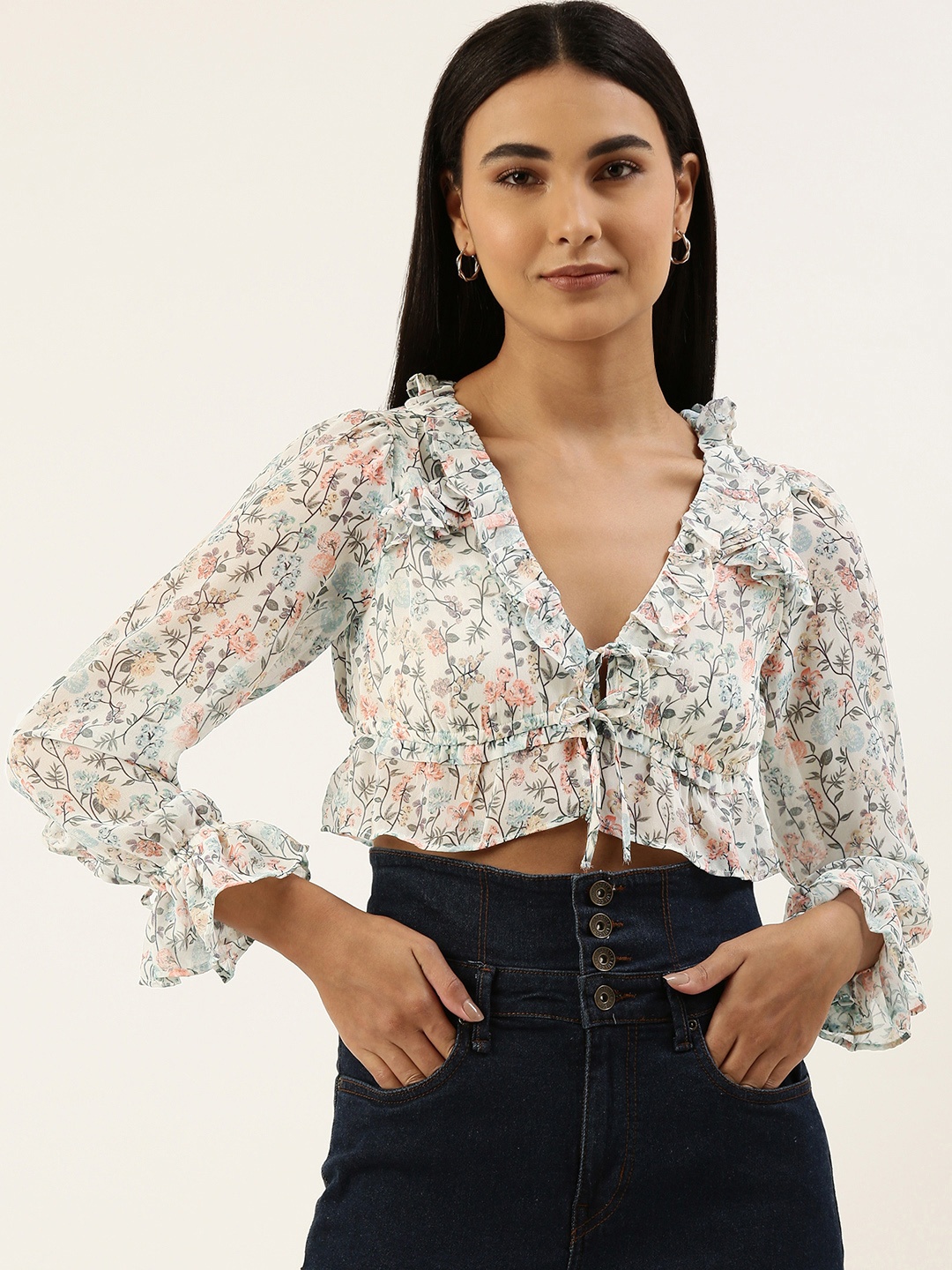 

FOREVER 21 White & Grey Floral Print Ruffles Empire Crop Top