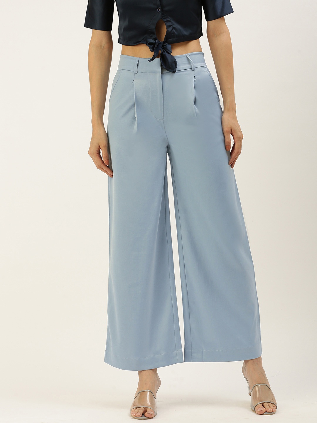

FOREVER 21 Women Blue High-Rise Pleated Trousers