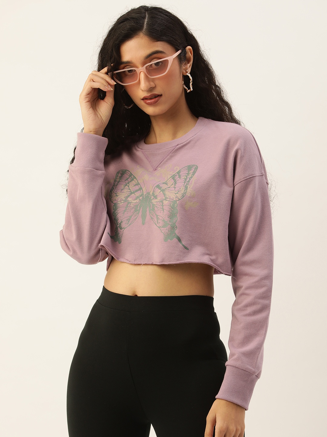 

FOREVER 21 Women Graphic Printed Round-Neck Crop Top, Mauve