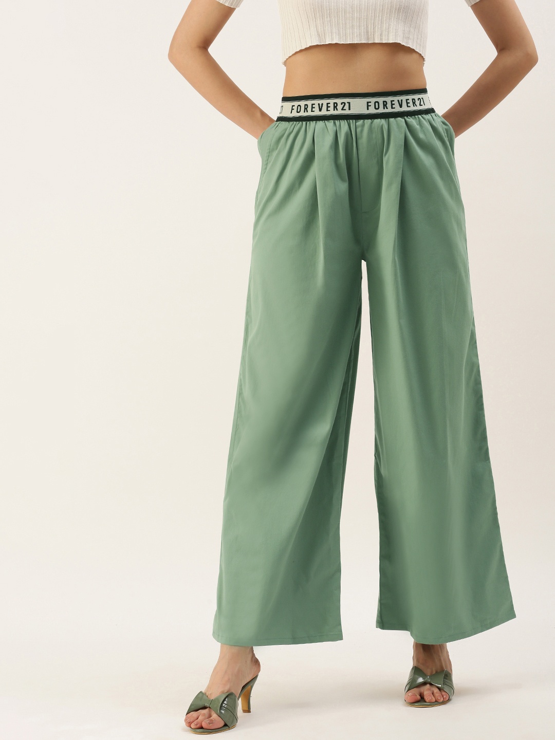 

FOREVER 21 Women Solid Pleated Trousers With Contrast Waist, Green