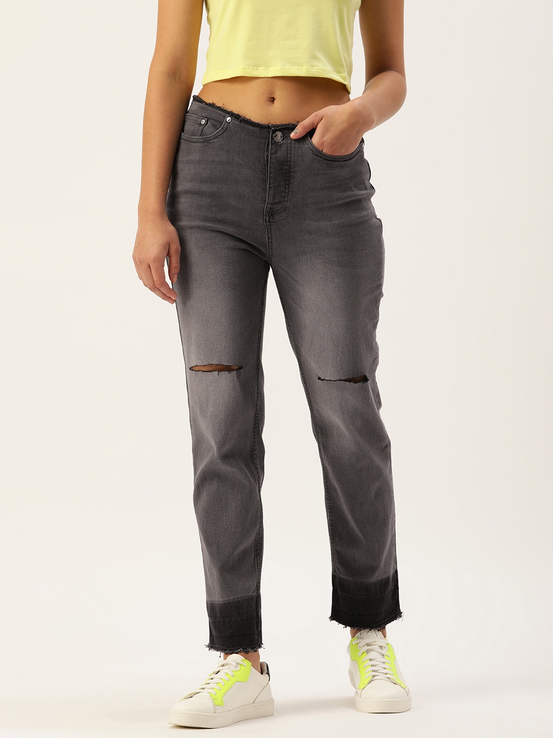 

FOREVER 21 Women Grey Boyfriend Fit Slash Knee Light Fade Stretchable Jeans