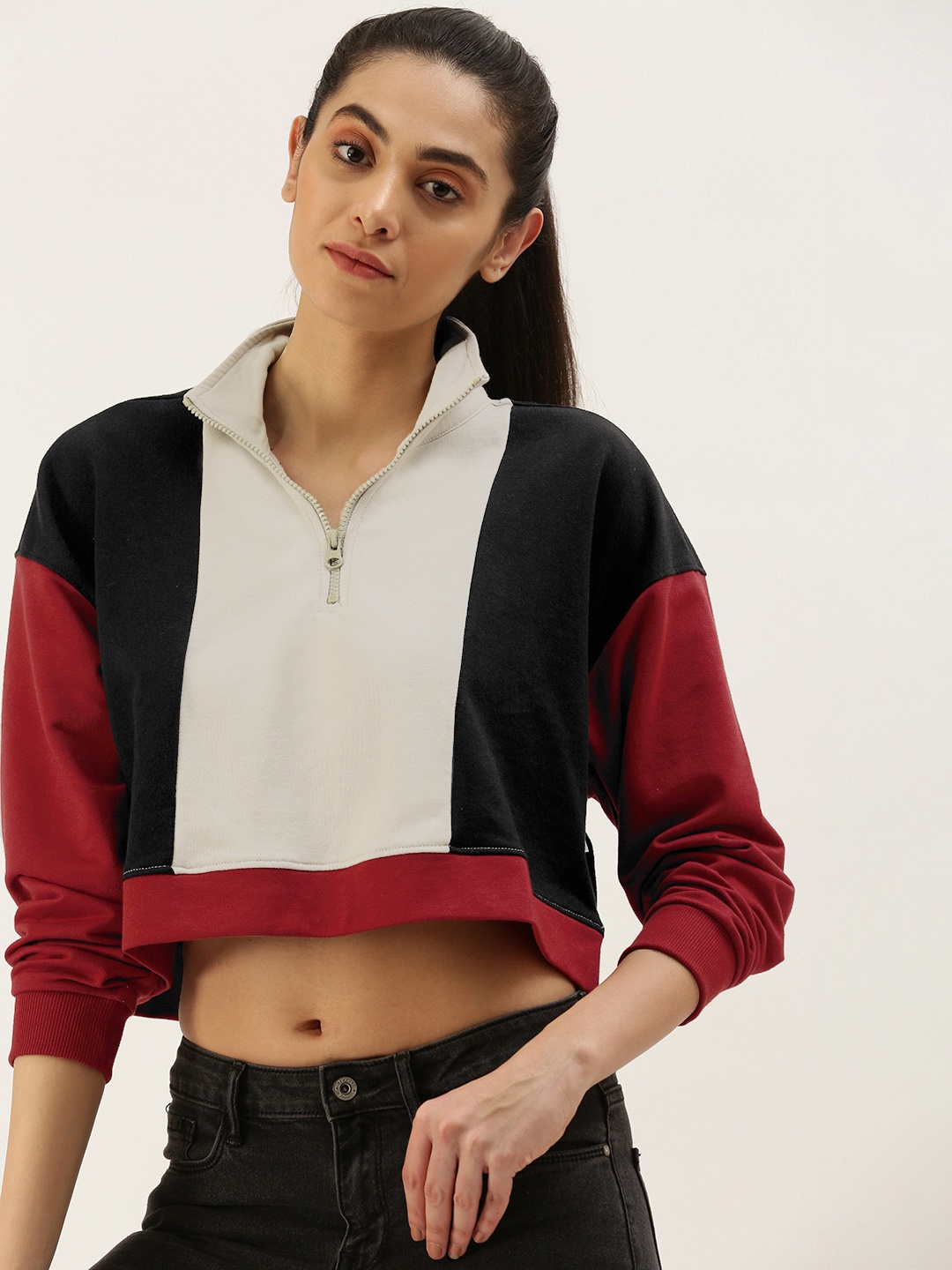 

FOREVER 21 Colourblocked Boxy Crop Top, Grey