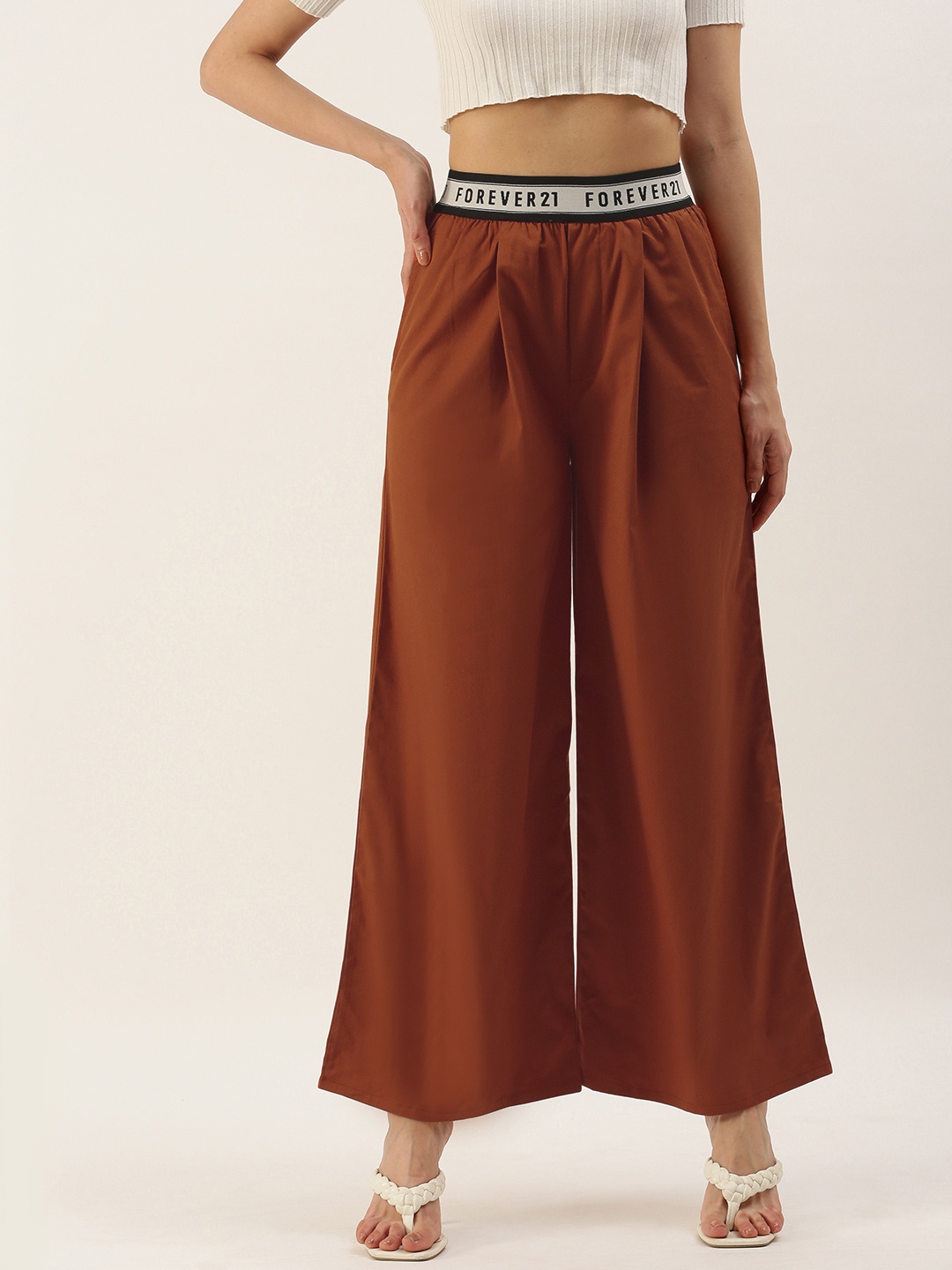 

FOREVER 21 Women Solid Pleated Trousers With Typography Waist Line, Rust