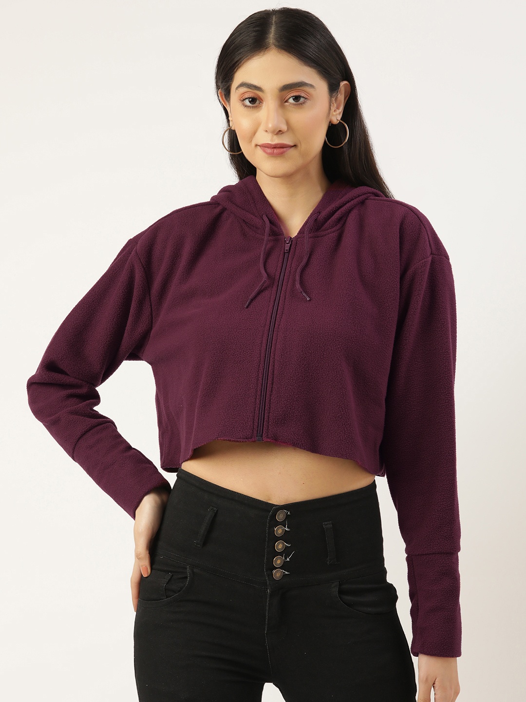 

FOREVER 21 Women Burgundy Solid Hooded Crop Front-Open Sweatshirt