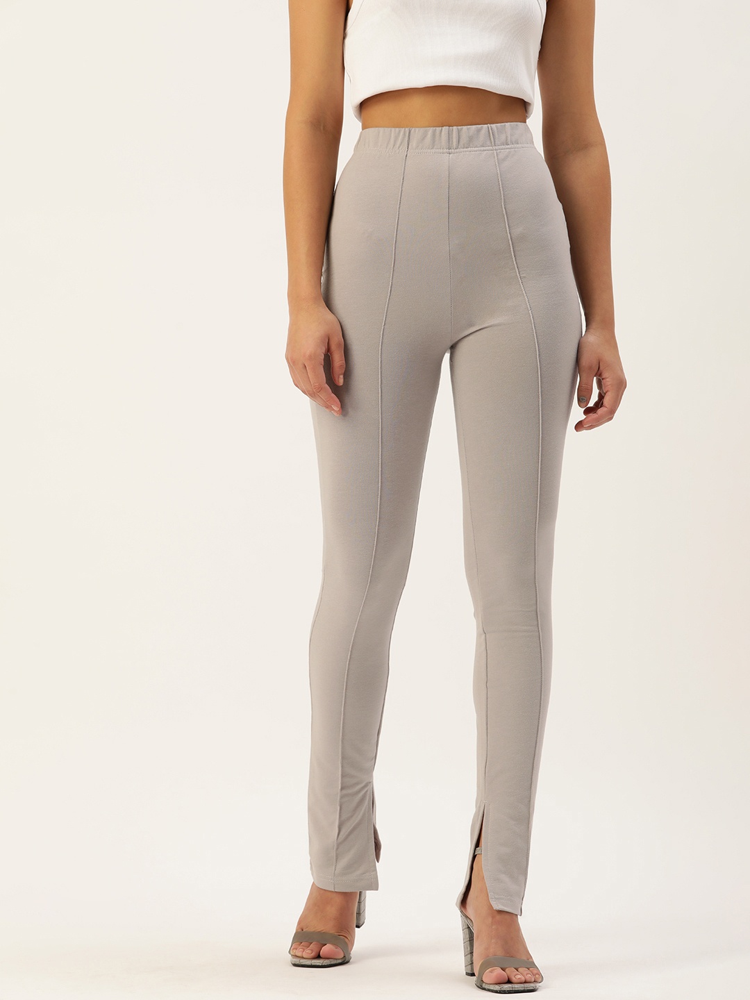 

FOREVER 21 Women Grey Solid Skinny Fit Regular Trousers With Hem Slits