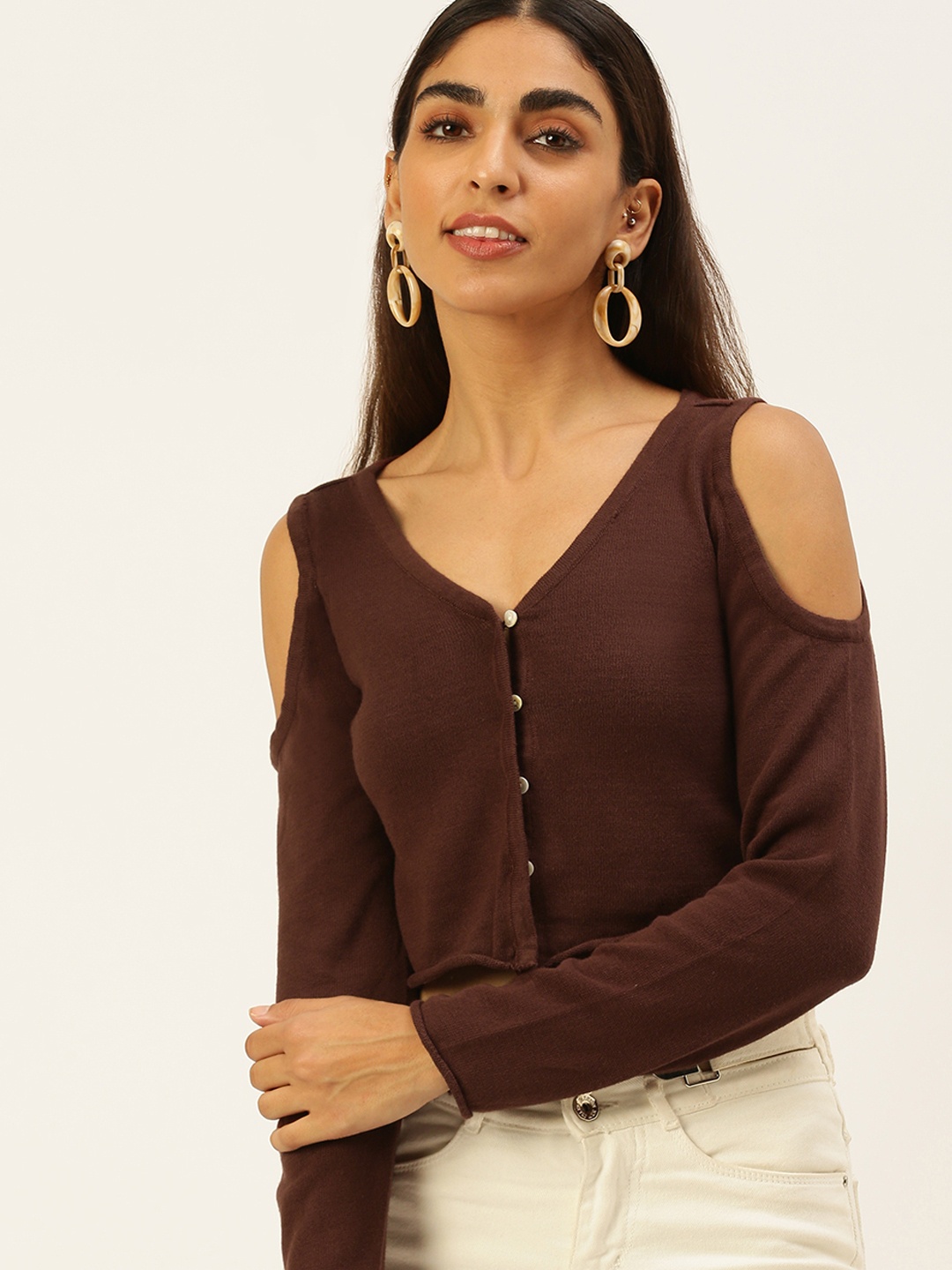 

FOREVER 21 Women Burgundy Pure Cotton Solid Cold-Shoulder Sleeves Crop Top