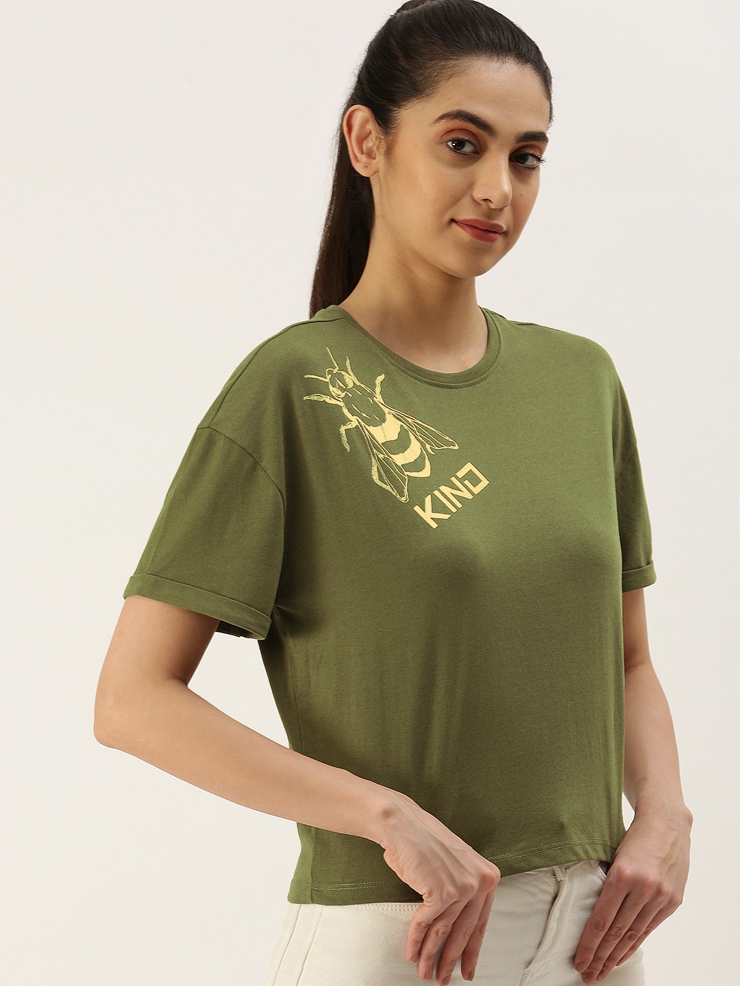 

FOREVER 21 Women Printed Drop-Shoulder Sleeves T-shirt, Olive