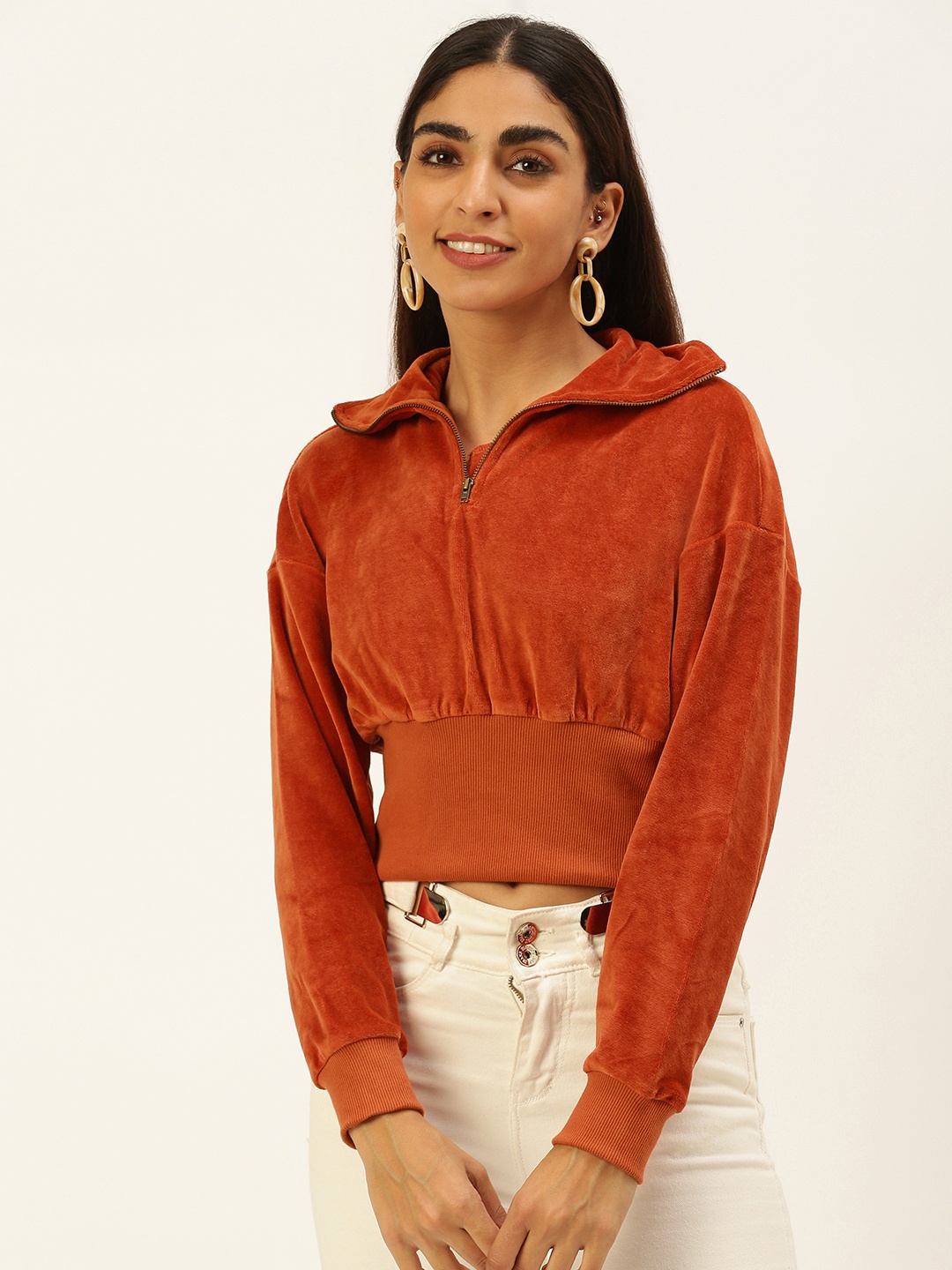 

FOREVER 21 Rust Brown Solid Shirt Collar Extended Sleeves Velvet Regular Crop Top