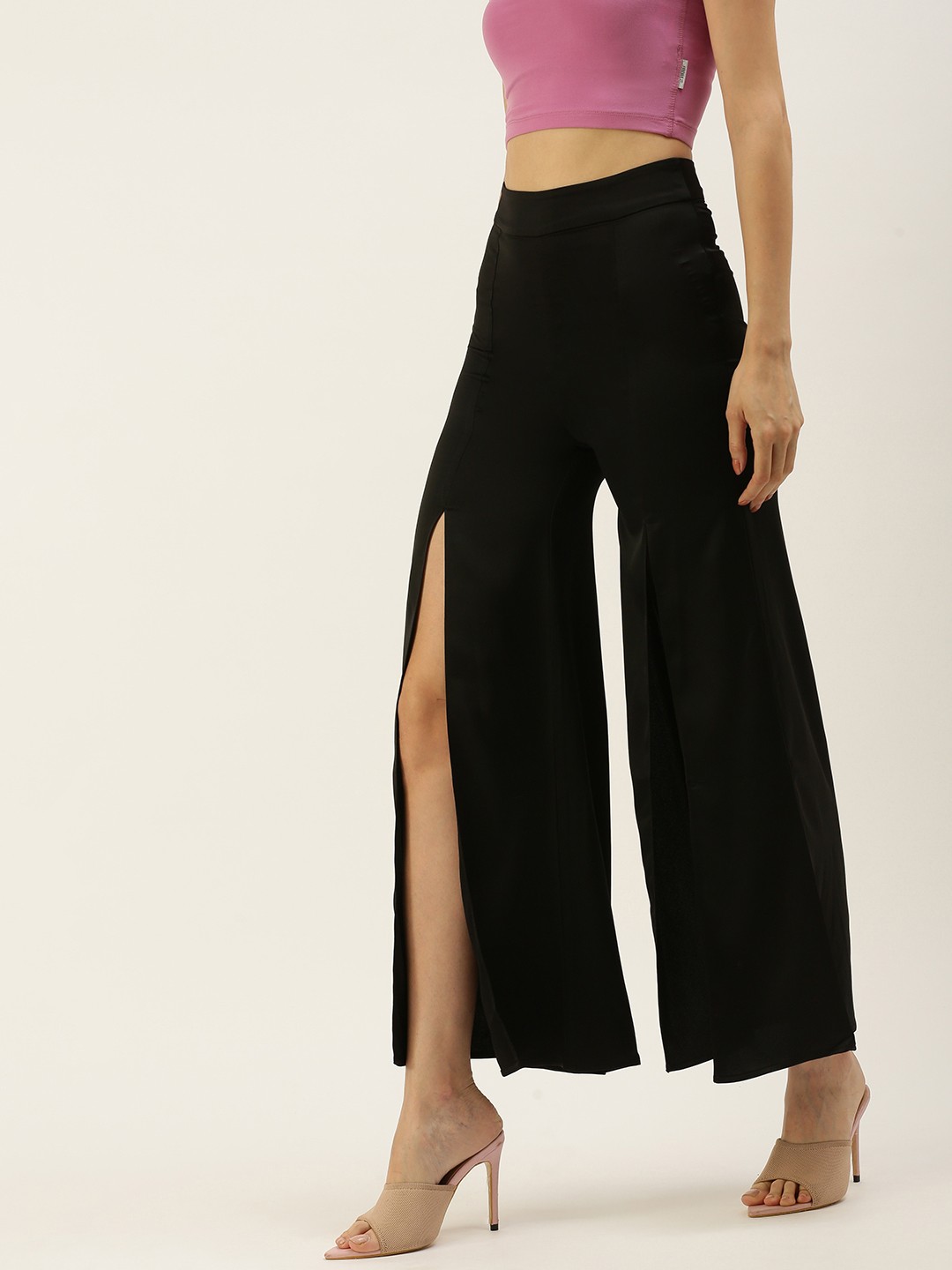 

FOREVER 21 Women Black High Slit High-Rise Trousers