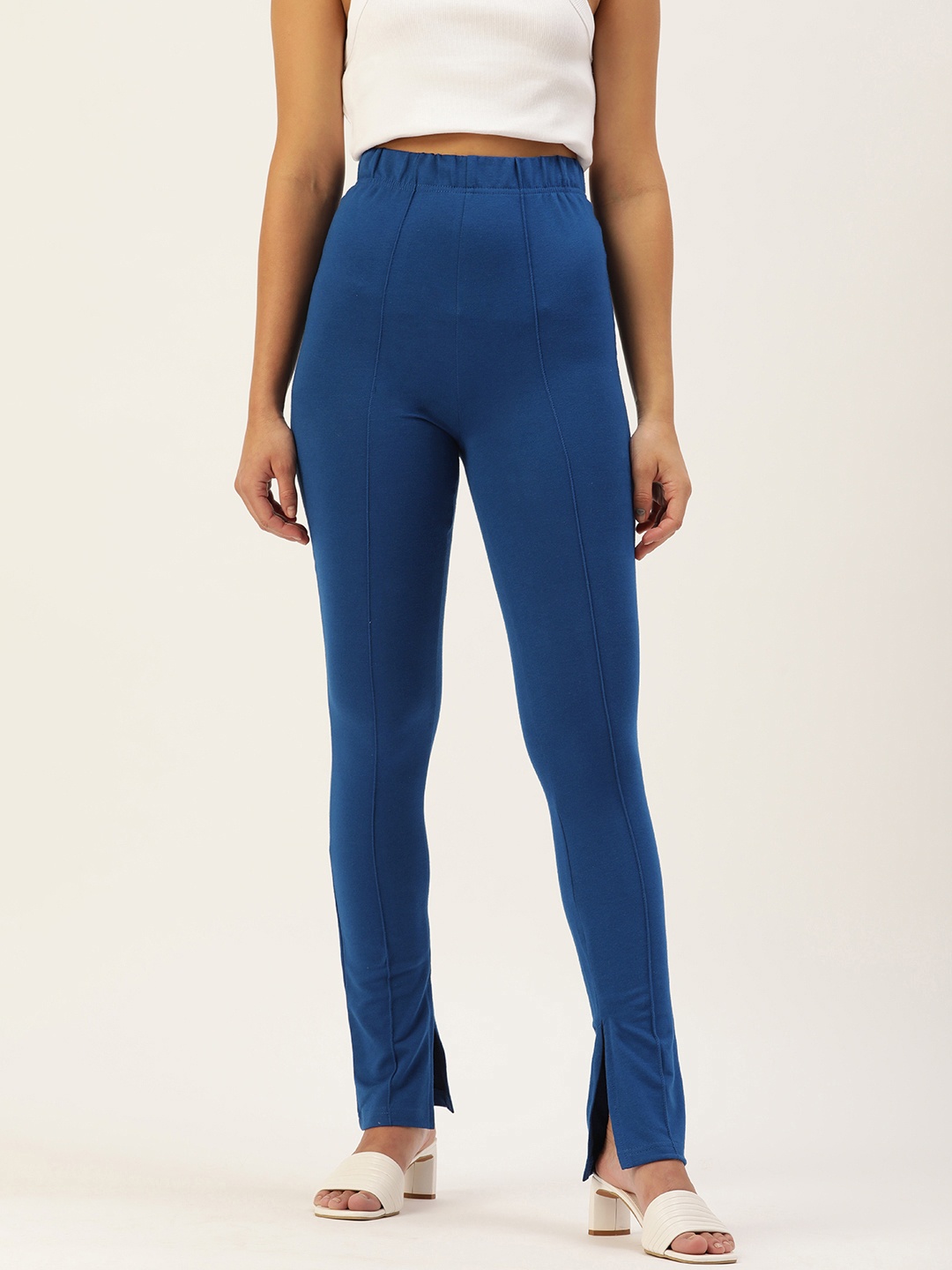 FOREVER 21 Women Blue Solid Skinny Fit Regular Trousers With Hem Slits