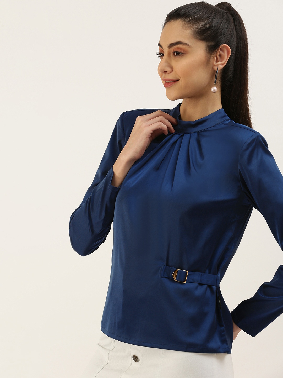 

FOREVER 21 Women Solid Pleated Top, Navy blue